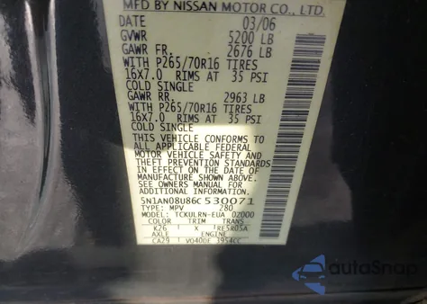 2006 Nissan Xterra S из США, поврежденный, VIN 5N1AN08U86C530071